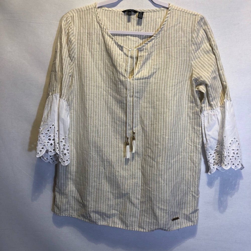 Ellen Tracy cream and gold stripe blouse, tassels